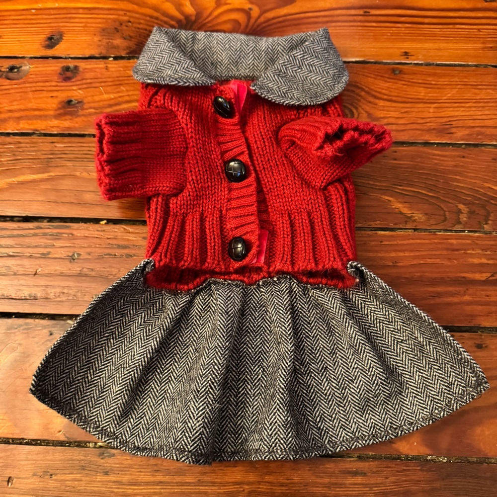 Red Sweater Dress with Houndstooth Skirt and Button Velcro Closure Size Small
